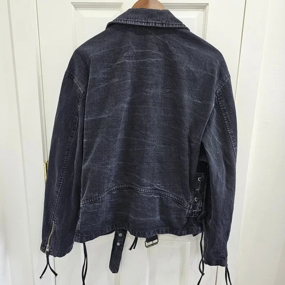 Free People Denim Moto Jacket Black Oversized Size Small